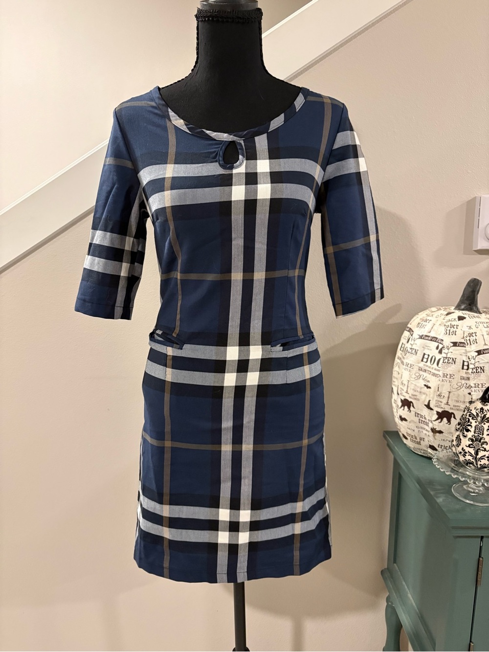 Burberry Navy Plaid Mini Dress with Keyhole